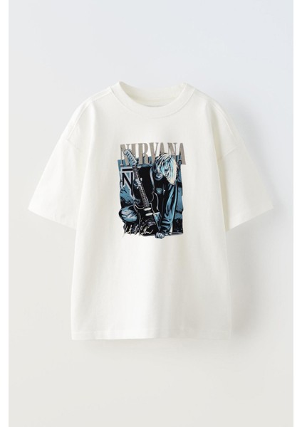 Unisex Nırvana Tasarım Baskılı Pamuk Beyaz Oversize T-Shirt