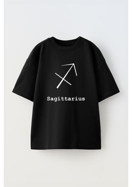 Unisex Yay Burcu Tasarım Baskılı Pamuk Sıyah Oversize T-Shirt