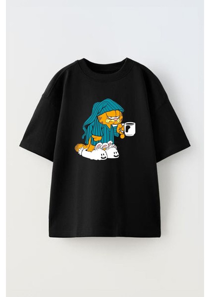 Unisex Uykusuz Garfield Tasarım Baskılı Pamuk Sıyah Oversize T-Shirt