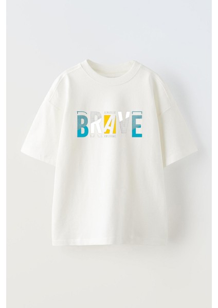 Unisex Brave Tasarım Baskılı Pamuk Beyaz Oversize T-Shirt
