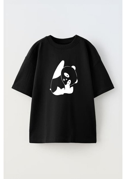 Unisex Osito Panda Saludando Tasarım Baskılı Pamuk Sıyah Oversize T-Shirt