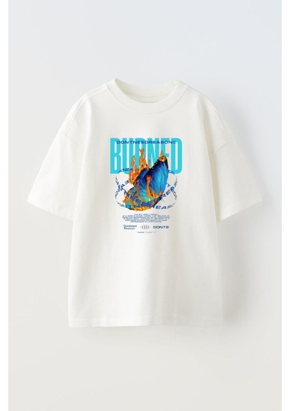 Unisex Yanan Kelebek Tasarım Baskılı Pamuk Beyaz Oversize T-Shirt