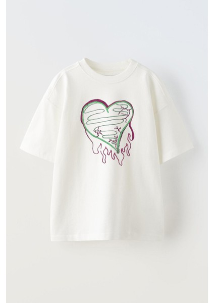 Unisex Yanan Kalp Tasarım Baskılı Pamuk Beyaz Oversize T-Shirt