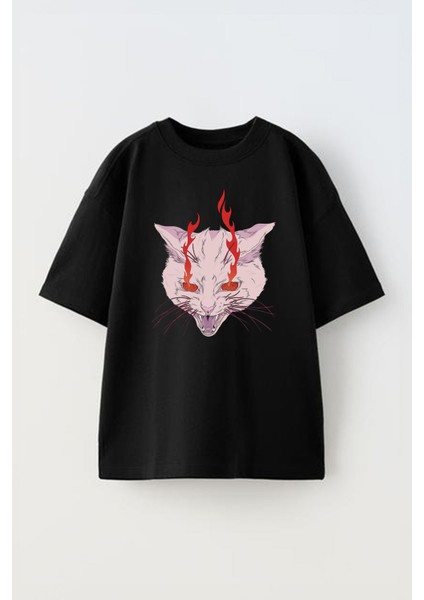 Unisex Devil Cat Tasarım Baskılı Pamuk Sıyah Oversize T-Shirt