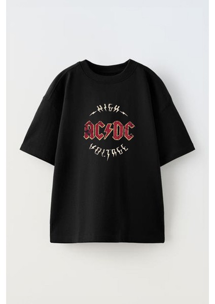 Unisex Acdc Voltage Tasarım Baskılı Pamuk Sıyah Oversize T-Shirt