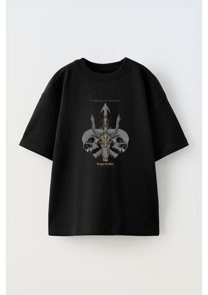Unisex Guardıans Of Poseıdon Tasarım Baskılı Pamuk Sıyah Oversize T-Shirt