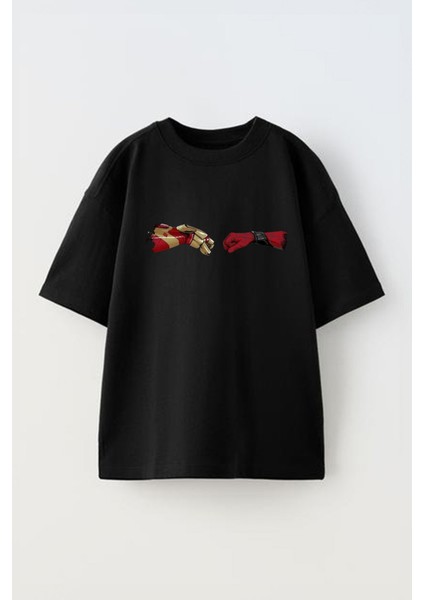 Unisex Ironman And Spiderman Tasarım Baskılı Pamuk Sıyah Oversize T-Shirt