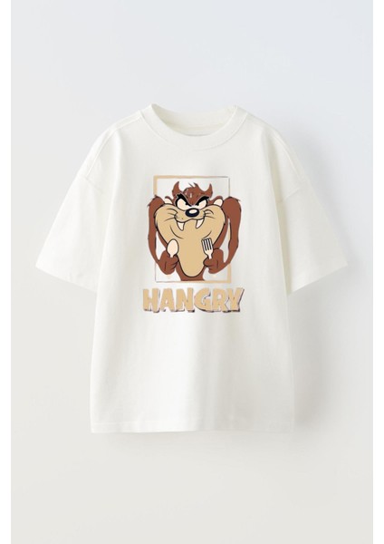 Unisex Tazmanya Canavarı Hangry Tasarım Baskılı Pamuk Beyaz Oversize T-Shirt