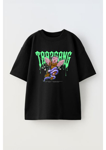 Unisex Trargang Tasarım Baskılı Pamuk Sıyah Oversize T-Shirt