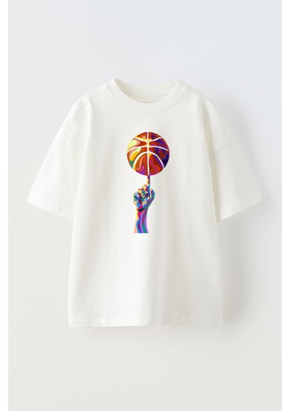 Unisex Renkli Basket Topu Cevirme Tasarım Baskılı Pamuk Beyaz Oversize T-Shirt