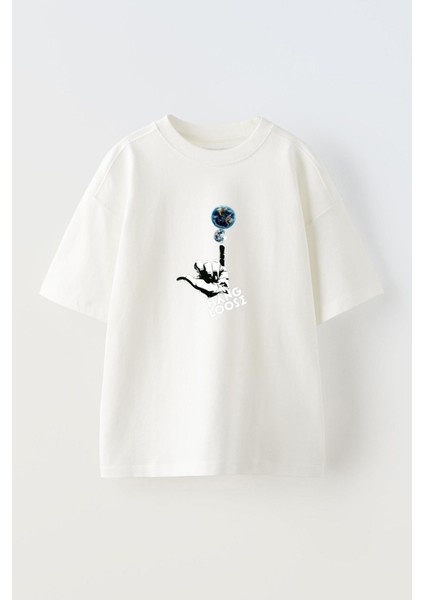 Unisex Hang Loose Tasarım Baskılı Pamuk Beyaz Oversize T-Shirt