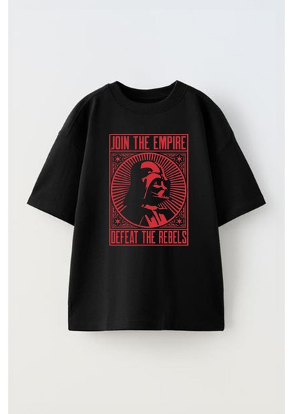 Unisex Star Wars Joın The Empire Tasarım Baskılı Pamuk Sıyah Oversize T-Shirt