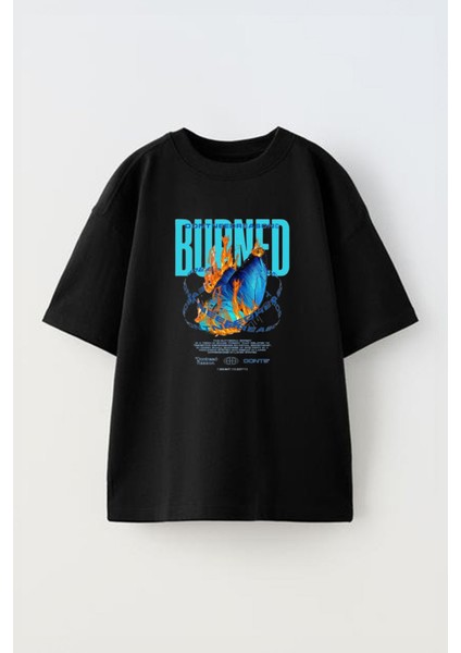 Unisex Yanan Kelebek Tasarım Baskılı Pamuk Sıyah Oversize T-Shirt