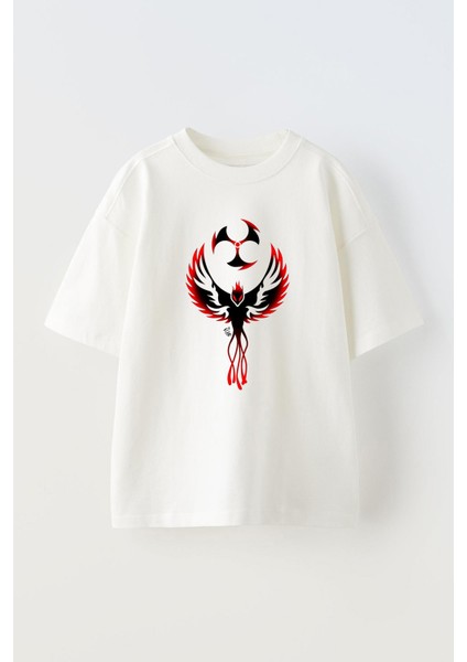 Unisex Anka Kuşu ve Ninja Yıldızı Tasarım Baskılı Pamuk Beyaz Oversize T-Shirt