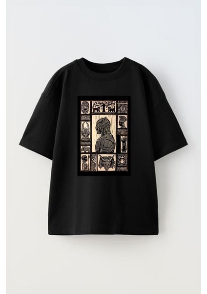 Unisex Black Panter Mısır Tasarım Baskılı Pamuk Sıyah Oversize T-Shirt