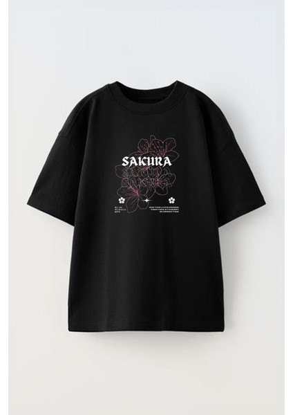 Unisex Sakura Çiçek Tasarım Baskılı Pamuk Sıyah Oversize T-Shirt