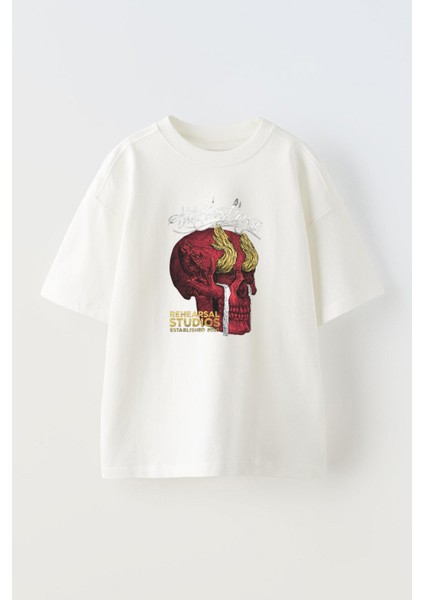 Unisex Ağlayan Kurukafa Tasarım Baskılı Pamuk Beyaz Oversize T-Shirt