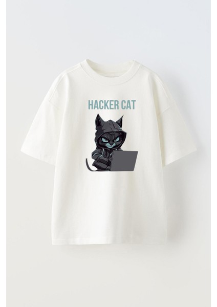 Unisex A Hacker Cat Tasarım Baskılı Pamuk Beyaz Oversize T-Shirt