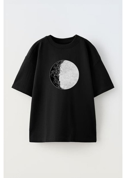 Unisex Metal Poster Selenophiles Love The Moon Tasarım Baskılı Pamuk Sıyah Oversize T-Shirt