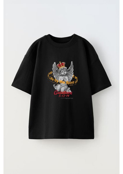 Unisex Galatians Tasarım Baskılı Pamuk Sıyah Oversize T-Shirt