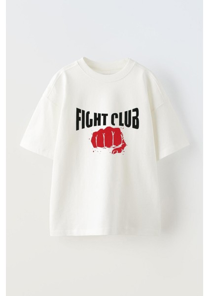 Unisex Fıght Club Yumruk Tasarım Baskılı Pamuk Beyaz Oversize T-Shirt
