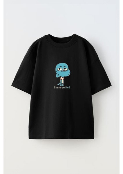 Unisex Gumballım So Excite Tasarım Baskılı Pamuk Sıyah Oversize T-Shirt