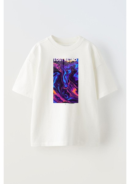 Unisex Lost Retro Tasarım Baskılı Pamuk Beyaz Oversize T-Shirt