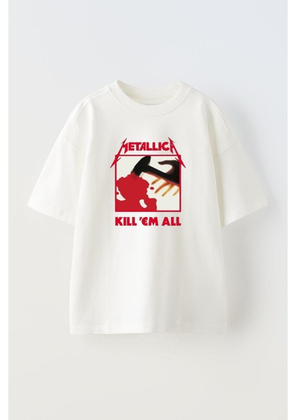 Unisex Metallica Kill Em All Tasarım Baskılı Pamuk Beyaz Oversize T-Shirt