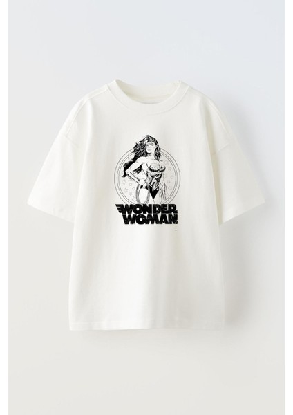 Unisex Wonder Women Tasarım Baskılı Pamuk Beyaz Oversize T-Shirt