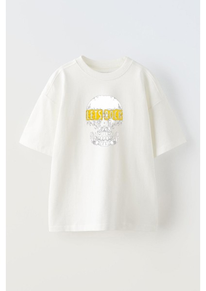 Unisex Lest Rock Kurukafa Tasarım Baskılı Pamuk Beyaz Oversize T-Shirt