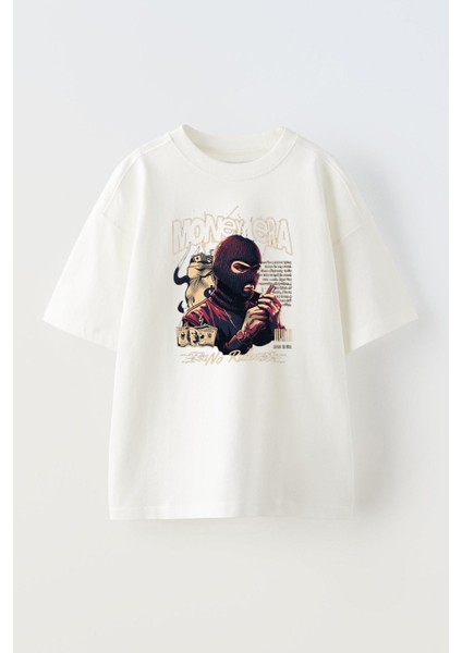 Unisex Money Era Tasarım Baskılı Pamuk Beyaz Oversize T-Shirt