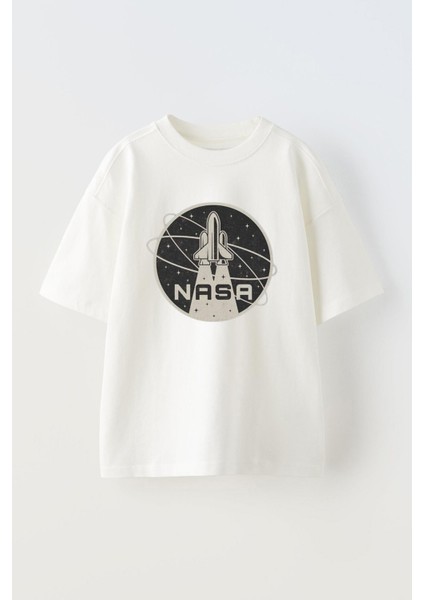 Unisex Nasa Rocket Tasarım Baskılı Pamuk Beyaz Oversize T-Shirt