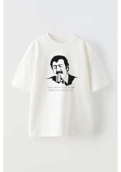 Unisex Müslüm Gürses Tasarım Baskılı Pamuk Beyaz Oversize T-Shirt