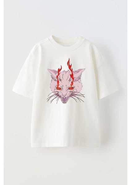Unisex Devil Cat Tasarım Baskılı Pamuk Beyaz Oversize T-Shirt