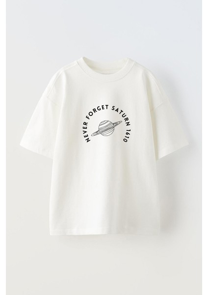 Unisex Forget Saturn 1610 Essential Tasarım Baskılı Pamuk Beyaz Oversize T-Shirt