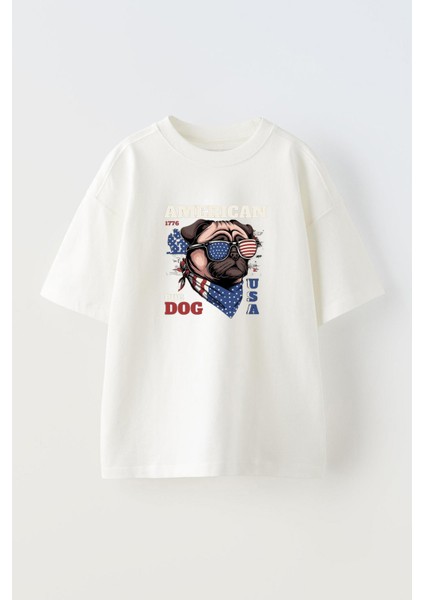 Unisex American Pug Dog Tasarım Baskılı Pamuk Beyaz Oversize T-Shirt