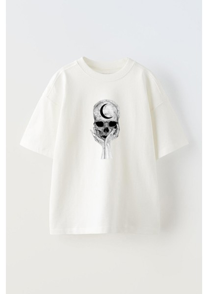 Unisex Dark Art Skeleton Tasarım Baskılı Pamuk Beyaz Oversize T-Shirt
