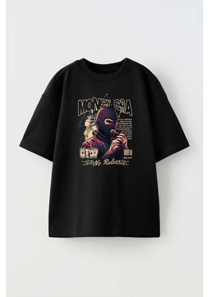 Unisex Money Era Tasarım Baskılı Pamuk Sıyah Oversize T-Shirt