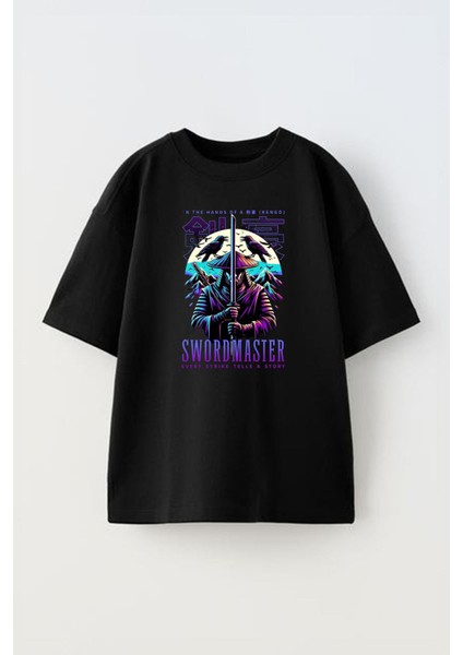 Unisex Swordmaster Tasarım Baskılı Pamuk Sıyah Oversize T-Shirt