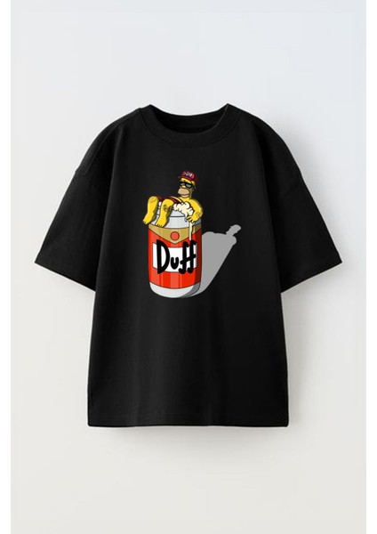 Unisex Simson Duff Fıçı Tasarım Baskılı Pamuk Sıyah Oversize T-Shirt