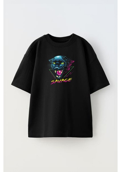 Unisex Savage Wall And Art Print Tasarım Baskılı Pamuk Sıyah Oversize T-Shirt