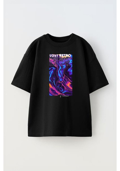 Unisex Lost Retro Tasarım Baskılı Pamuk Sıyah Oversize T-Shirt