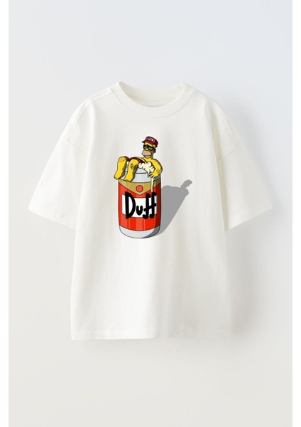 Unisex Simson Duff Fıçı Tasarım Baskılı Pamuk Beyaz Oversize T-Shirt