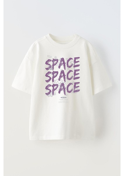 Unisex Space Ayıcık Tasarım Baskılı Pamuk Beyaz Oversize T-Shirt