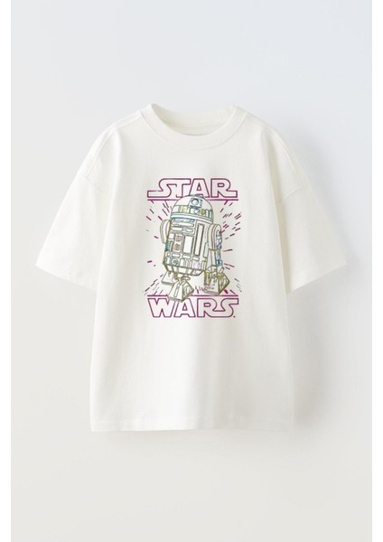 Unisex Star Wars R2D2 Tasarım Baskılı Pamuk Beyaz Oversize T-Shirt