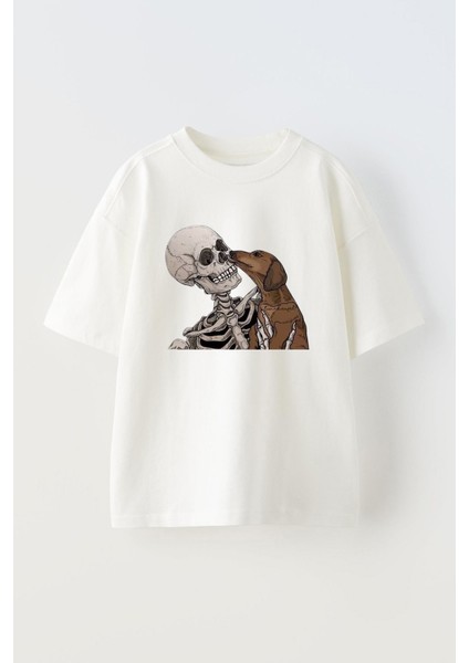 Unisex Skeleton Dog Tasarım Baskılı Pamuk Beyaz Oversize T-Shirt