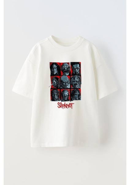 Unisex Slipknot Yüzler Tasarım Baskılı Pamuk Beyaz Oversize T-Shirt