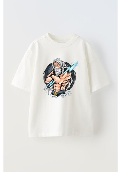Unisex Thunder Zeus God Artwork Tasarım Baskılı Pamuk Beyaz Oversize T-Shirt