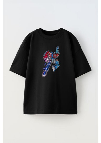 Unisex Optimus Prime Tasarım Baskılı Pamuk Sıyah Oversize T-Shirt