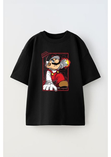 Unisex Süper Mario Alev Topu Tasarım Baskılı Pamuk Sıyah Oversize T-Shirt